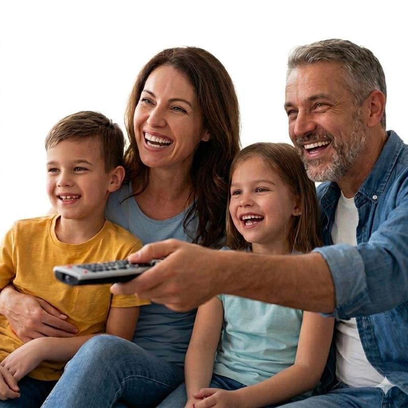 Famille qui utilise IPTV Suisse dans le salon